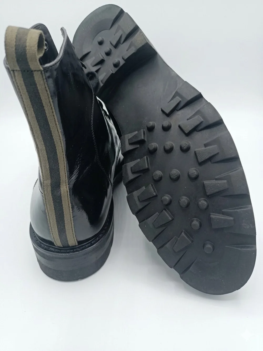 Mezlan Artisan Collection Black Patent Leather Combat Boots, Handmade in Spain